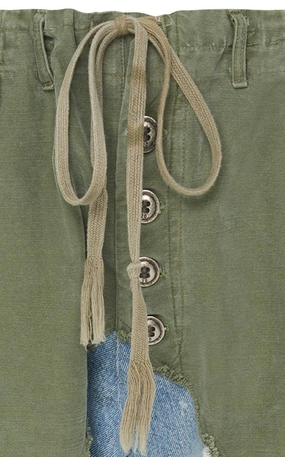 Shop Greg Lauren Paneled Canvas And Denim Tapered Pants In Green