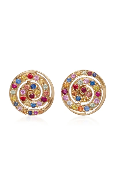 Shop She Bee 14k Yellow Gold And Sapphire Button Studs In Multi