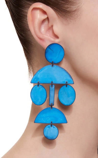 Shop Annie Costello Brown Pom Pom Brass Earrings In Blue