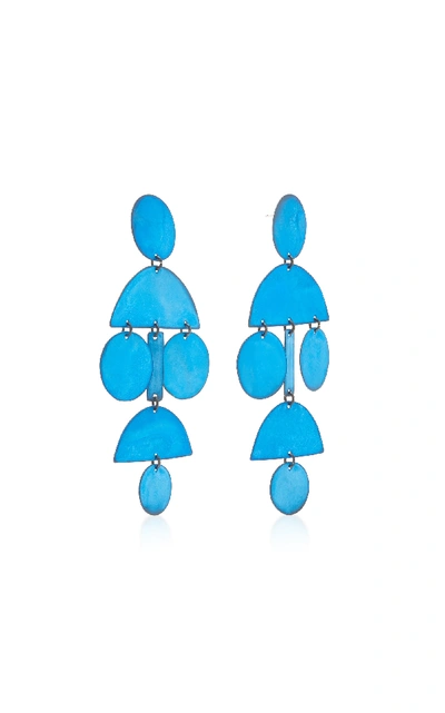 Shop Annie Costello Brown Pom Pom Brass Earrings In Blue