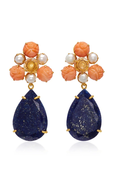 Shop Bounkit Gold-plated Carved Bamboo Coral Pearl Clear Quartz And Lapis Earrings In Pink