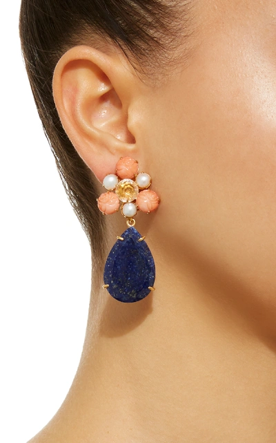 Shop Bounkit Gold-plated Carved Bamboo Coral Pearl Clear Quartz And Lapis Earrings In Pink