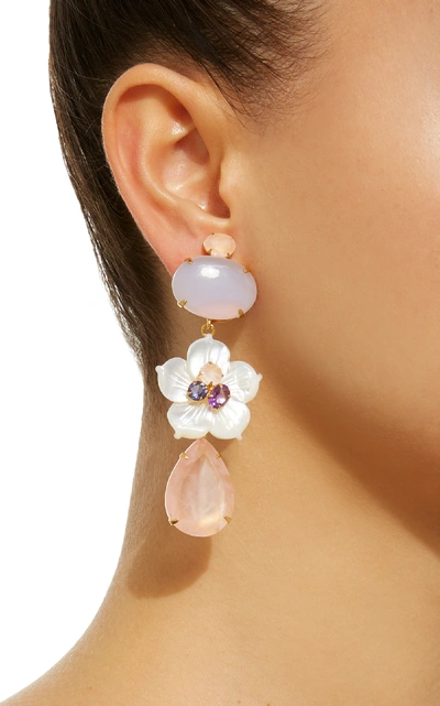 Shop Bounkit 14k Gold-plated Brass Chalcedony Mother Of Pearl Amethyst Lolite Rose Quartz Earrings In Pink