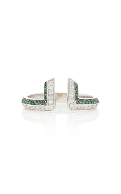 Shop Ralph Masri 18kt White Gold, Damond And Emerald Ring In Green
