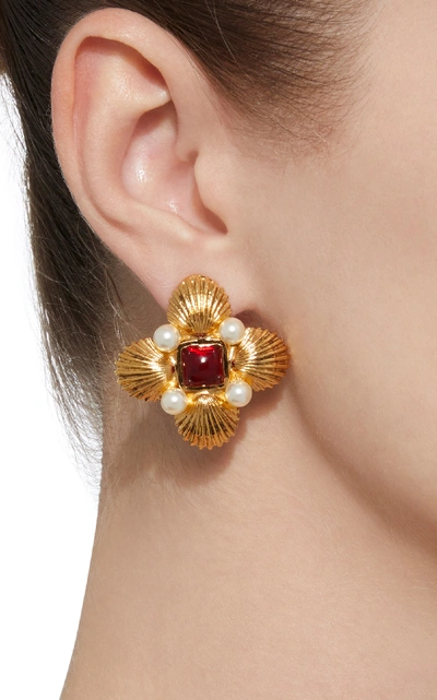 Shop Gripoix Byzantine Shell 24k Gold-plated Brass Pearl And Poured Glass Clip Earrings In Red