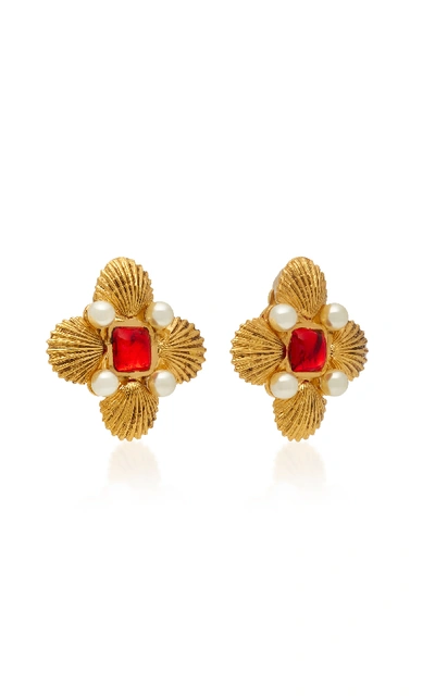 Shop Gripoix Byzantine Shell 24k Gold-plated Brass Pearl And Poured Glass Clip Earrings In Red