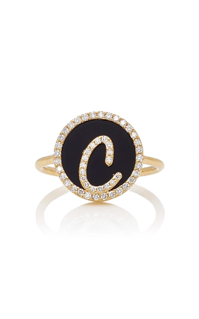 Shop Names By Noush M'o Exclusive: Treasure Disk Roman Initial Ring With Onyx Gemstone In Black