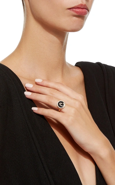 Shop Names By Noush M'o Exclusive: Treasure Disk Roman Initial Ring With Onyx Gemstone In Black