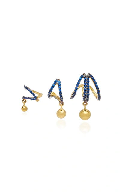 Shop Joanna Laura Constantine Set Of Three Criss-cross Gold-plated Brass And Cubic Zirconia Earrings In Blue