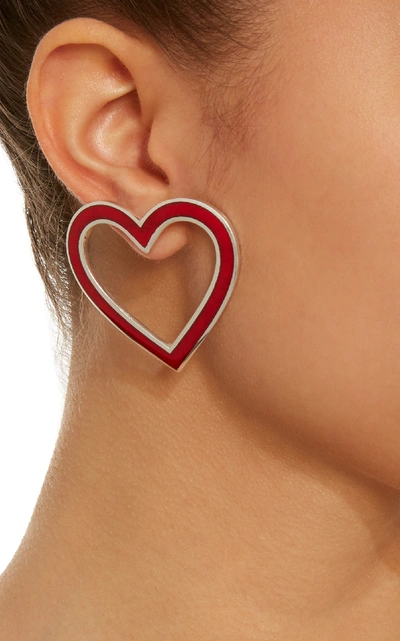 Shop Silhouette Silver-tone Enamel Heart Earrings In Red