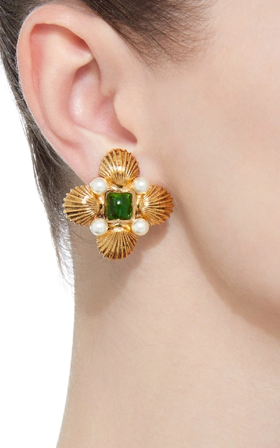 Shop Gripoix Byzantine Shell 24k Gold-plated Brass Pearl And Poured Glass Clip Earrings In Green