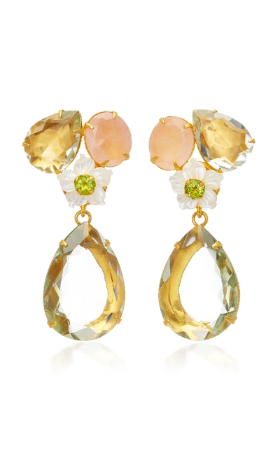 Shop Bounkit 14k Gold-plated Brass Rose Quartz Green Amethyst White Mother Of Pearl Earrings
