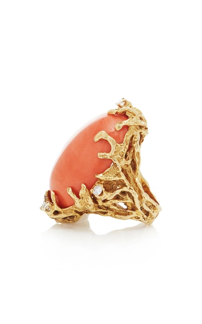 Shop Mahnaz Collection One-of-a-kind Coral And Diamond On 18k Gold Ring By Arthur King C.1970 In Orange