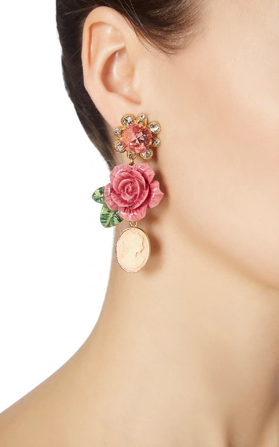 Shop Dolce & Gabbana Rosetto Cameo Gold-tone Brass And Crystal Earrings In Pink
