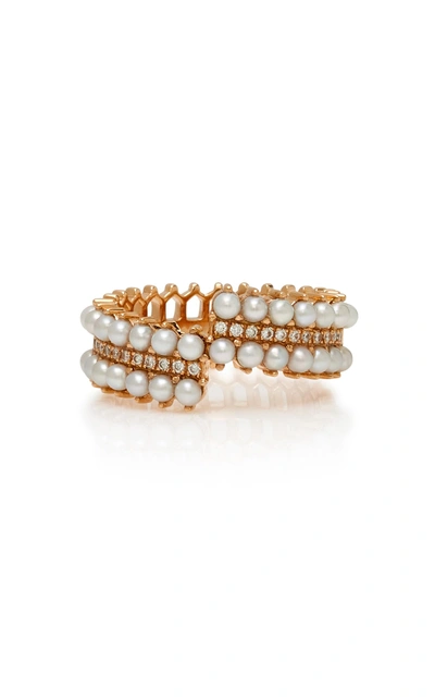 Shop Nouvel Heritage Double Lace 18k Rose Gold Pearl Ande Diamond Ring Size