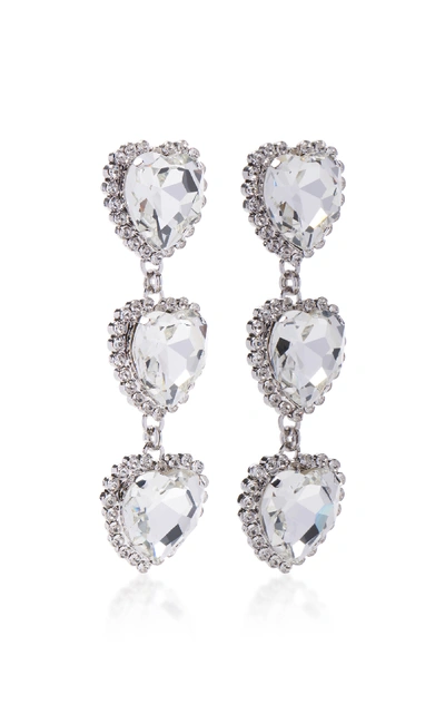 Shop Alessandra Rich Long Crystal Heart Earrings In White