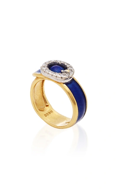 Shop Mahnaz Collection Limited Edition Diamond And Enamel On 18k Gold Buckle Ring By Kutchinsky C.1972 In Blue