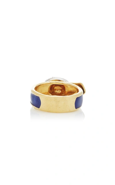 Shop Mahnaz Collection Limited Edition Diamond And Enamel On 18k Gold Buckle Ring By Kutchinsky C.1972 In Blue