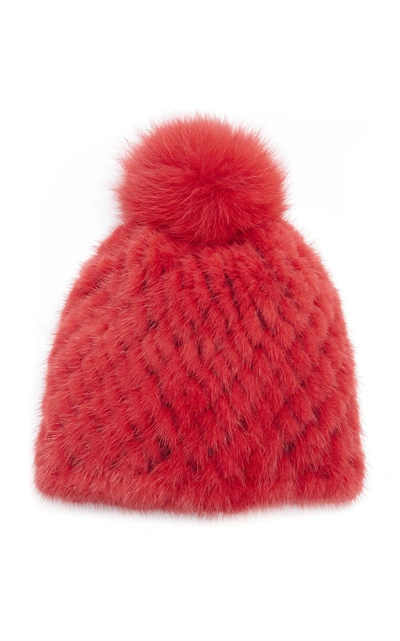 Shop Pologeorgis The Knit Mink Hat With Fox Pom Pom In Red