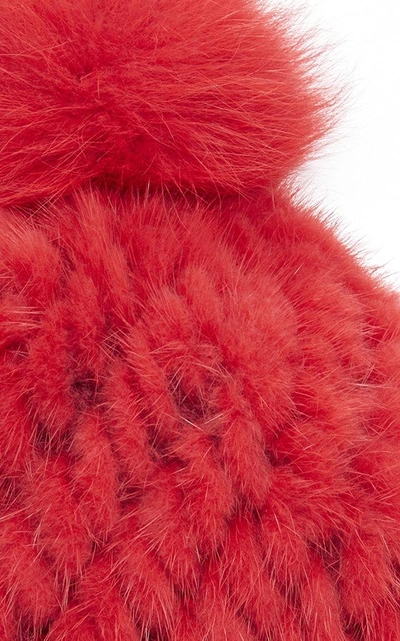 Shop Pologeorgis The Knit Mink Hat With Fox Pom Pom In Red