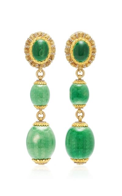 Shop Mahnaz Collection One-of-a-kind 18k Gold And Green Guilloché Enamel Drop Earrings By Cazzaniga C.1960