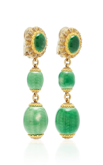 Shop Mahnaz Collection One-of-a-kind 18k Gold And Green Guilloché Enamel Drop Earrings By Cazzaniga C.1960