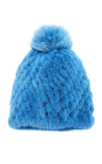 Shop Pologeorgis The Knit Mink Hat With Fox Pom Pom In Blue