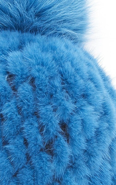 Shop Pologeorgis The Knit Mink Hat With Fox Pom Pom In Blue