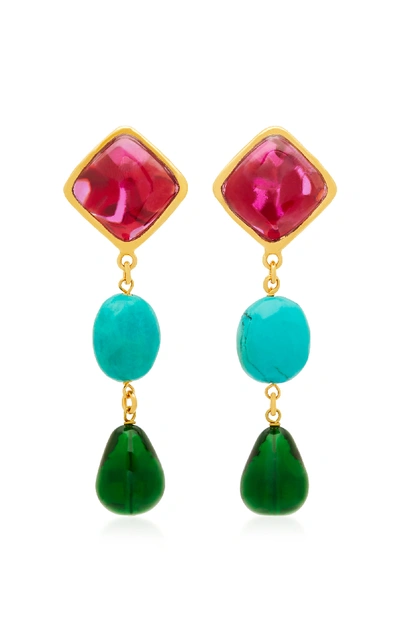 Shop Loulou De La Falaise 24k Gold-plated Stone And Turquoise Clip Earrings In Green