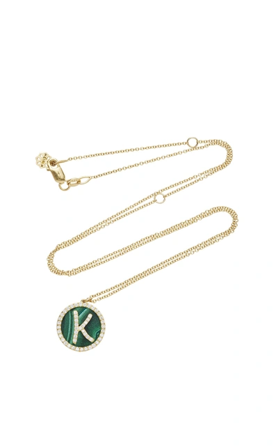 Shop Noush Jewelry Treasure Disk Malachite Roman Initial Necklace  In Green
