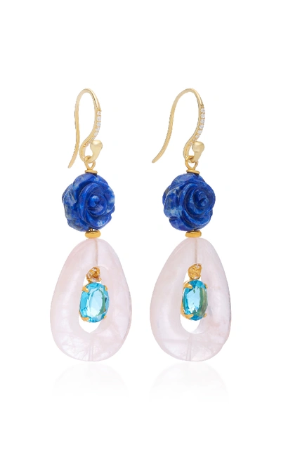 Shop Bounkit Lapis And Quartz Fish Hook 14k Gold-plated Brass Earrings In Blue
