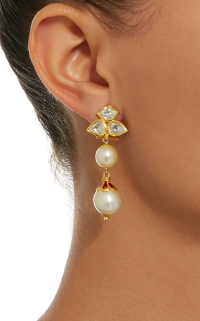 Shop Sanjay Kasliwal 22k Gold Diamond And Pearl Earrings In White