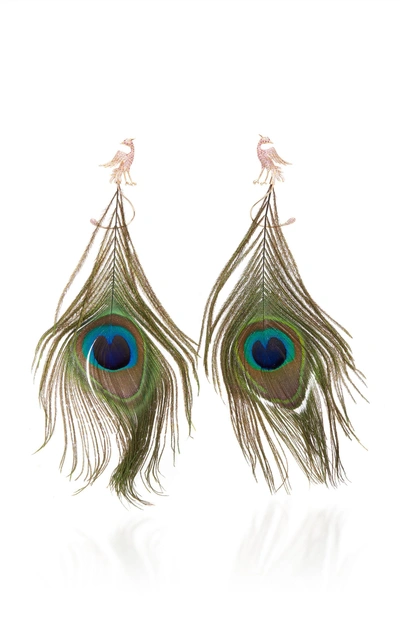 Shop Wendy Yue Peacock Feather Earrings In Green