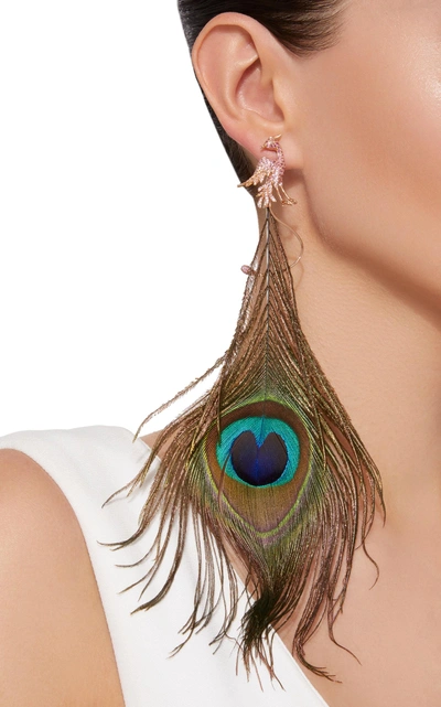 Shop Wendy Yue Peacock Feather Earrings In Green