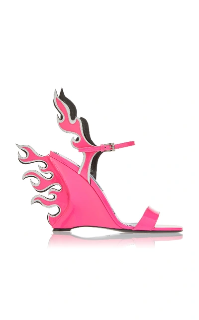 Shop Prada Flame Patent Leather Wedge Sandals In Pink
