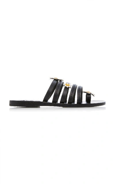 Shop Ancient Greek Sandals Victoria Floral-embellished Leather Slides In Black