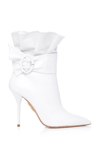 Shop Aquazzura Palace Ruffled White Leather Ankle Boots