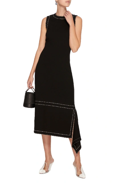 Shop Rosetta Getty Asymmetric Embroidered Jersey Midi Dress In Black