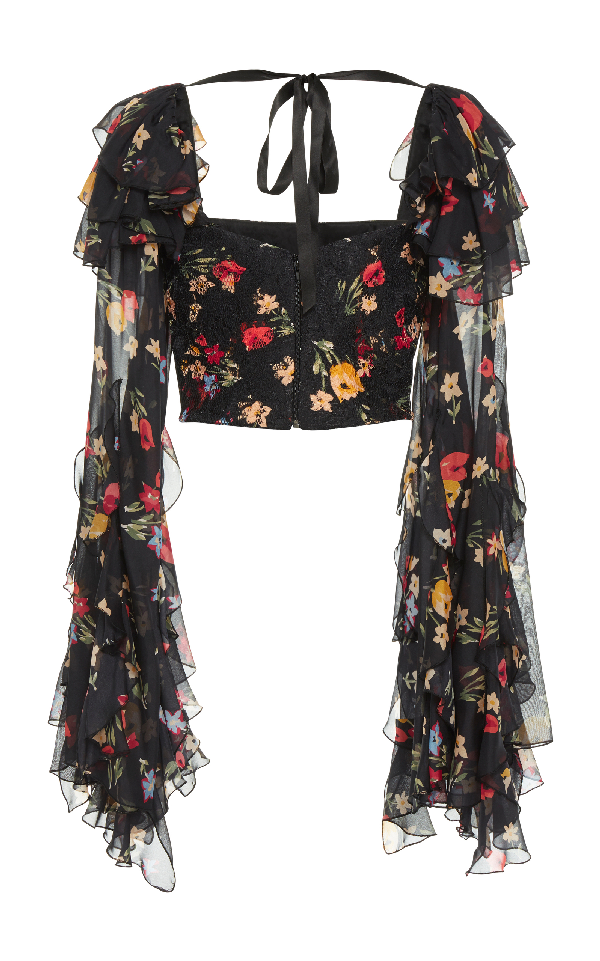 Rodarte Square-neck Floral-print Silk-blend Blouse In Black Multi ...
