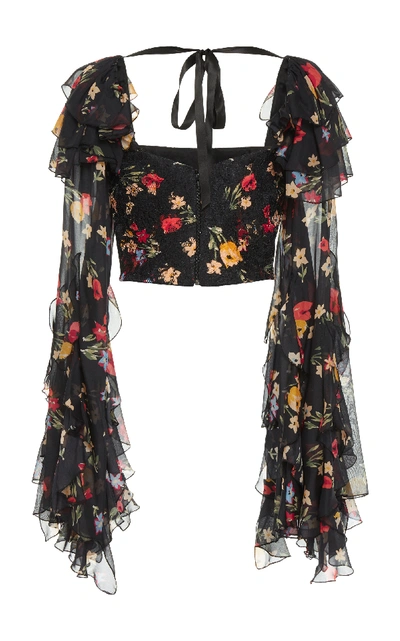 Shop Rodarte Floral Printed Silk Satin Cropped Blouse In Multi