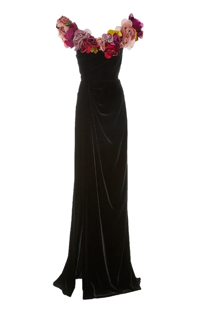 Shop Marchesa Floral-appliquéd Off-the-shoulder Velvet Gown In Black