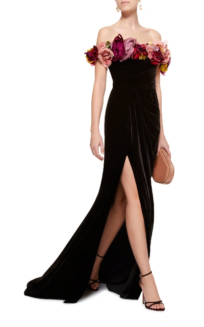 Shop Marchesa Floral-appliquéd Off-the-shoulder Velvet Gown In Black