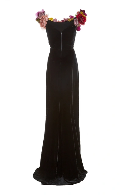 Shop Marchesa Floral-appliquéd Off-the-shoulder Velvet Gown In Black