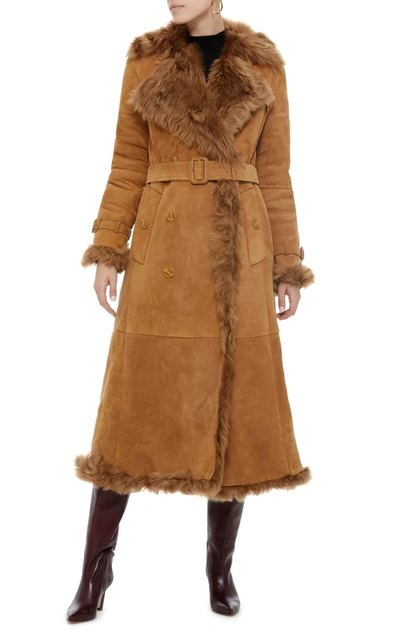 Shop Burberry Belted Double-breasted Shearling Coat In Brown
