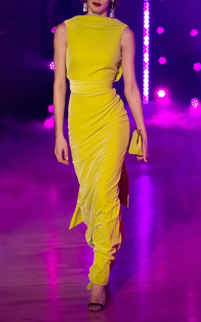 Shop Brandon Maxwell Cape-effect Velvet Gown In Yellow