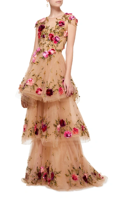 Shop Marchesa Floral-appliquéd Tiered Tulle Gown In Neutral