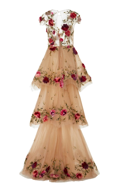 Shop Marchesa Floral-appliquéd Tiered Tulle Gown In Neutral