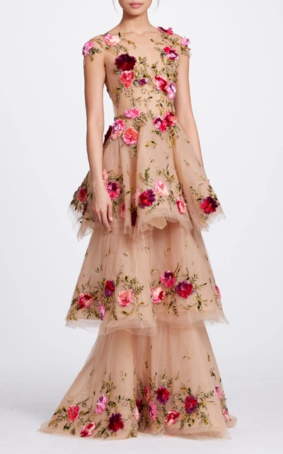 Shop Marchesa Floral-appliquéd Tiered Tulle Gown In Neutral