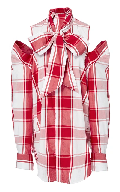 Shop Monse Cold Shoulder Plaid Shirt In Red