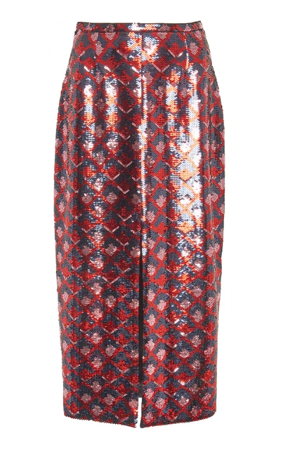 Shop Rochas Sequin Midi Skirt In Red